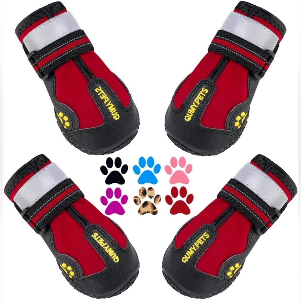 🐾QUMY Set of 4 waterproof dog boots reflective RED size 1:4.3Lx 5.6 cmW💯New 🐾